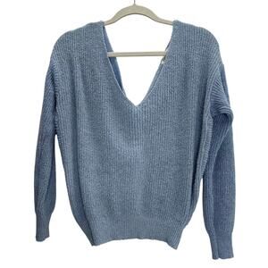 Line and dot blue crop sweater twist back XS sexy v neck long sleeve